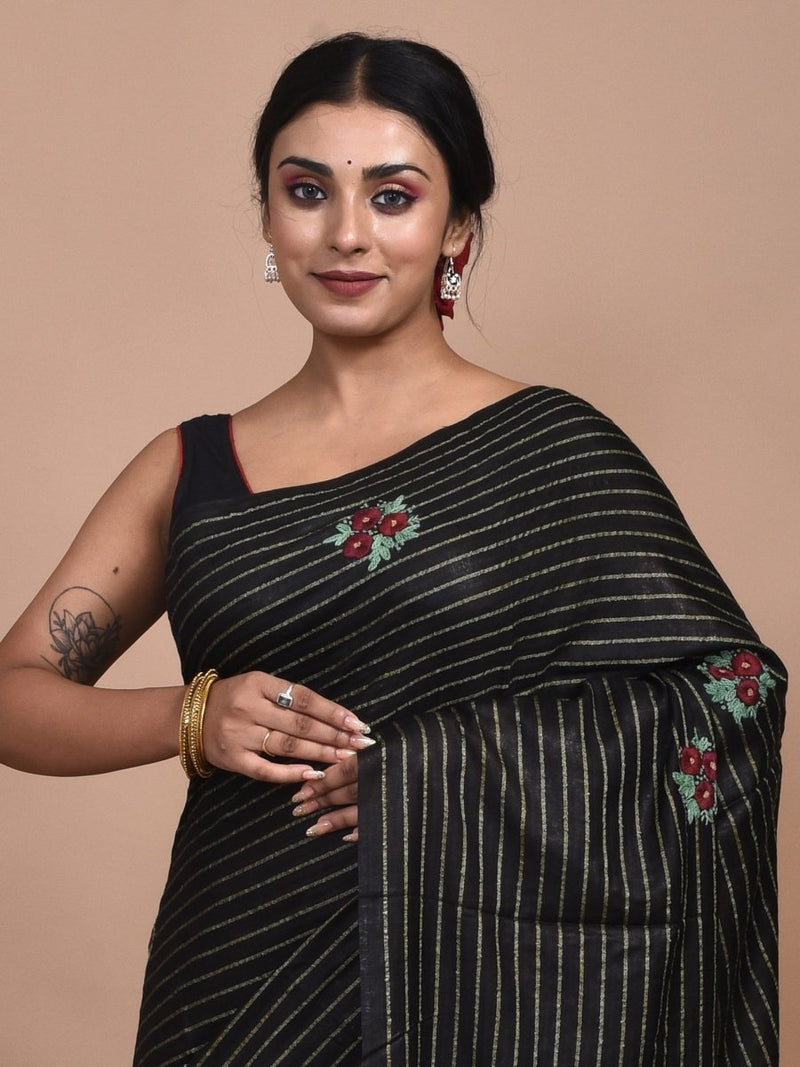 Black Zari Striped Linen Saree with Floral Hand Embroidery | Verified Sustainable by Brown Living™