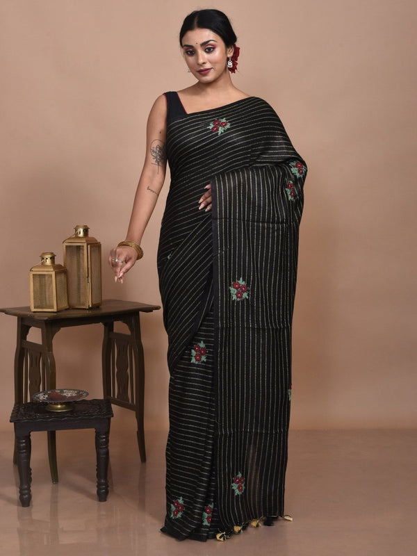 Black Zari Striped Linen Saree with Floral Hand Embroidery | Verified Sustainable by Brown Living™