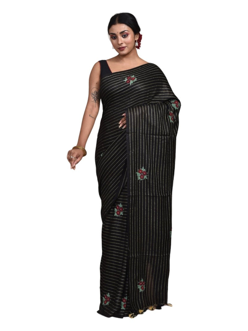 Black Zari Striped Linen Saree with Floral Hand Embroidery | Verified Sustainable by Brown Living™