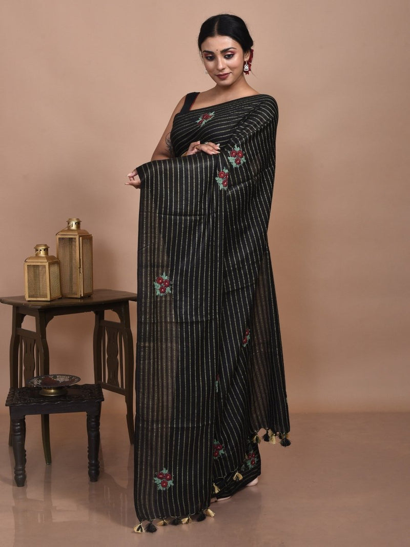 Black Zari Striped Linen Saree with Floral Hand Embroidery | Verified Sustainable by Brown Living™