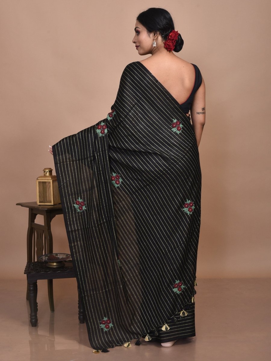 Black Zari Striped Linen Saree with Floral Hand Embroidery | Verified Sustainable by Brown Living™