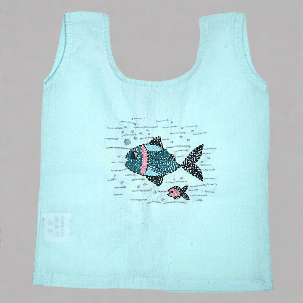 Blue Cotton Baby Jabla - Fish Hand Embroidery | Verified Sustainable by Brown Living™