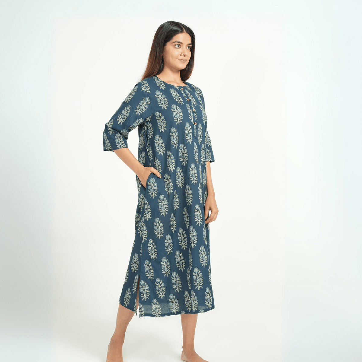 Blue Cotton Big Butta Printed Maternity Dress – Short Nightie | Verified Sustainable by Brown Living™