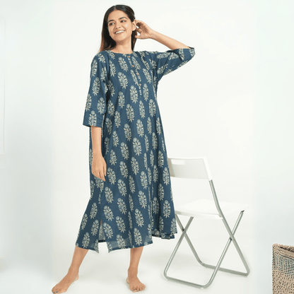 Blue Cotton Big Butta Printed Maternity Dress – Short Nightie | Verified Sustainable by Brown Living™