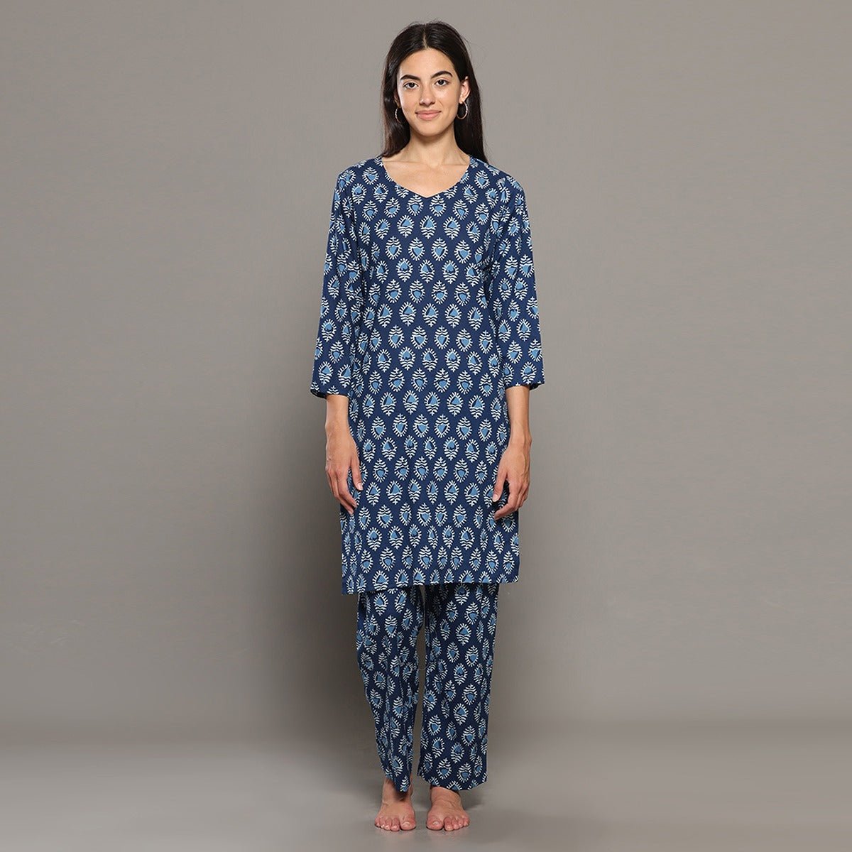 Blue Cotton Butta Printed Kurta & Pant Co - Ord Set – Loungewear | Verified Sustainable by Brown Living™