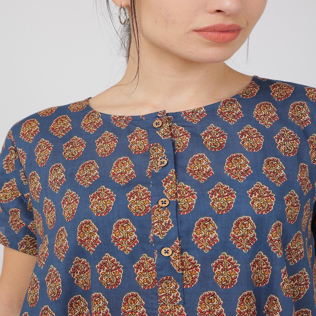 Blue Cotton Jaipuri Butta Printed Nightie | Verified Sustainable by Brown Living™