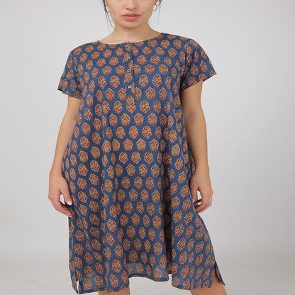 Blue Cotton Jaipuri Butta Printed Nightie | Verified Sustainable by Brown Living™