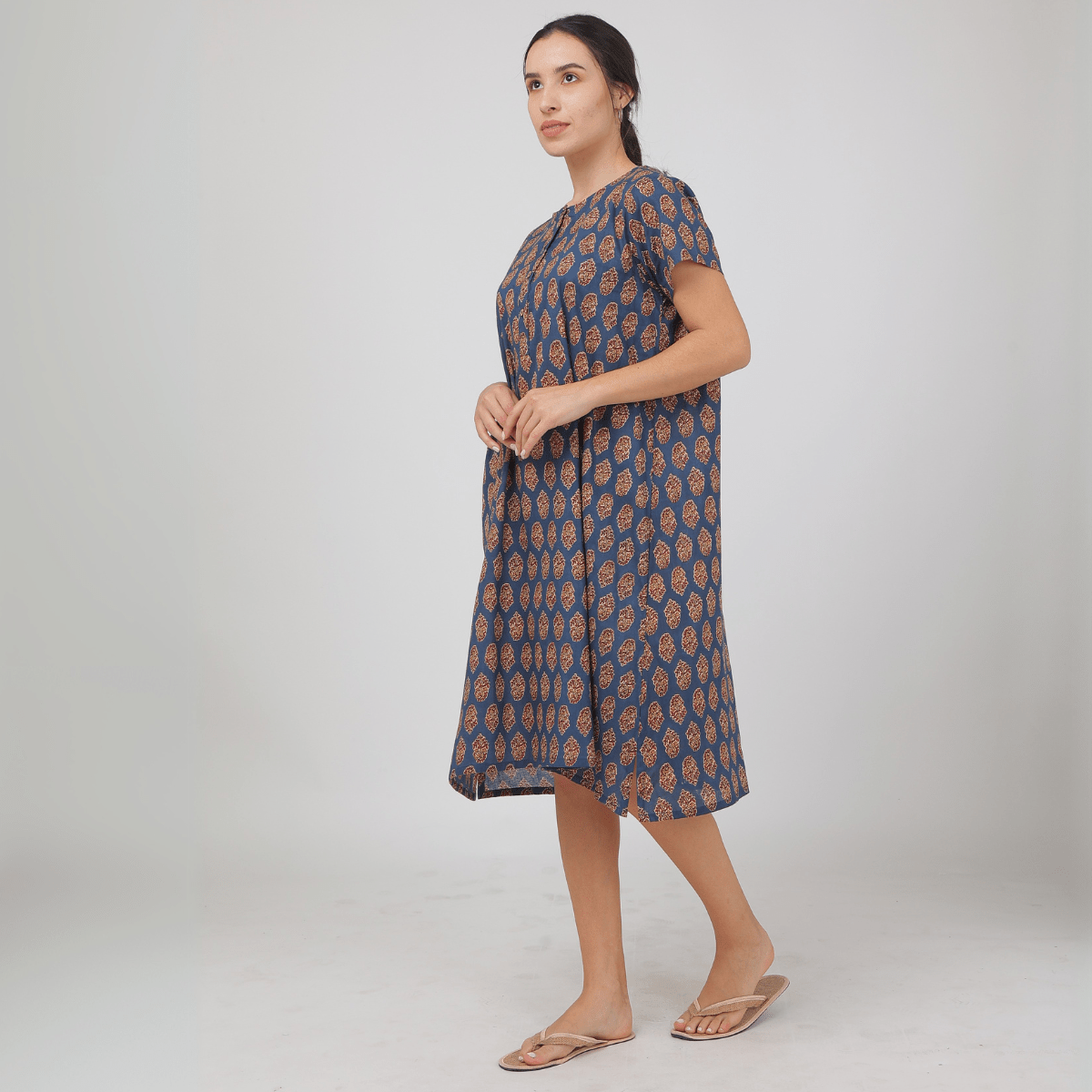 Blue Cotton Jaipuri Butta Printed Nightie | Verified Sustainable by Brown Living™