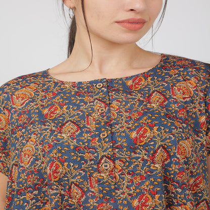 Blue Cotton Kalankari Printed Nightie | Verified Sustainable by Brown Living™