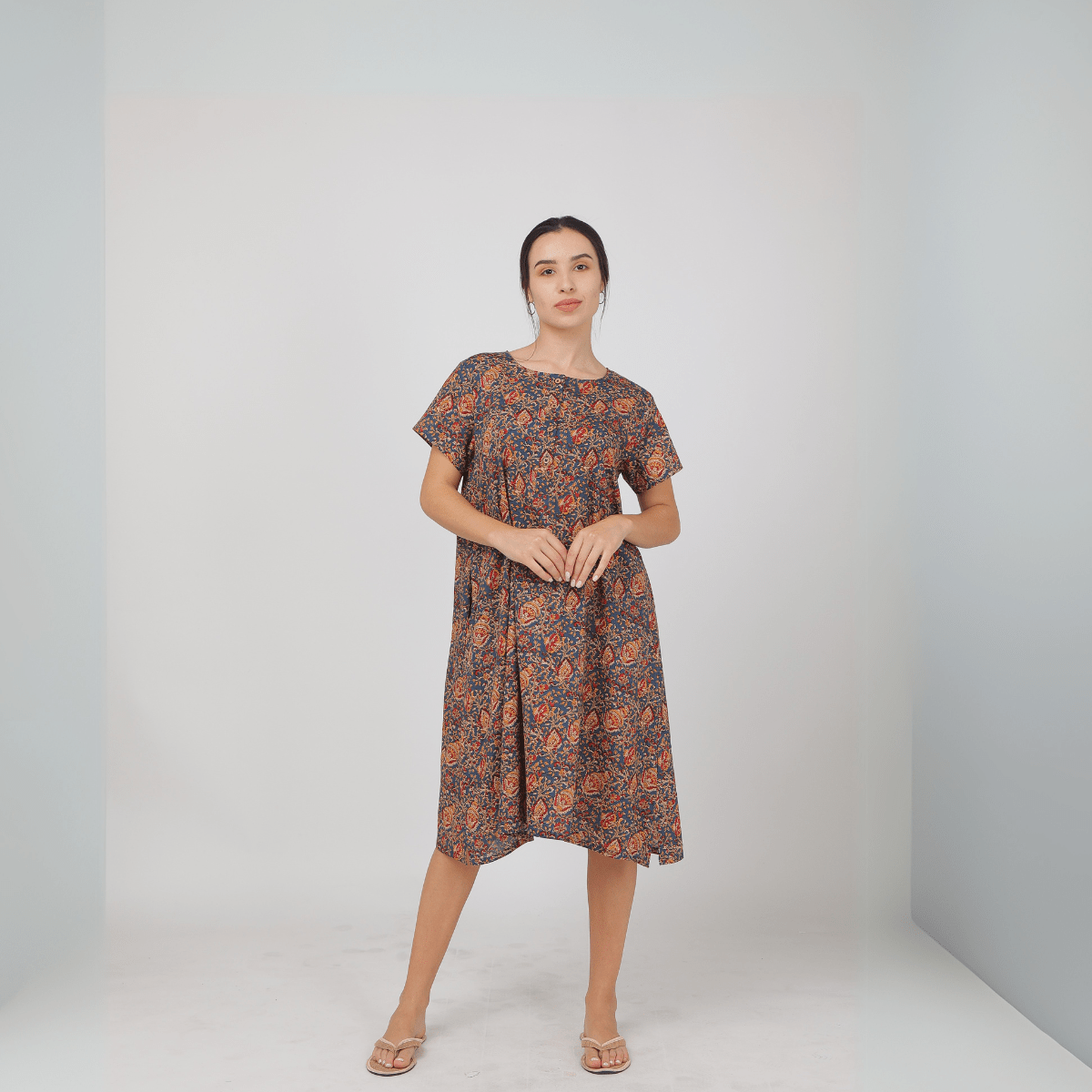 Blue Cotton Kalankari Printed Nightie | Verified Sustainable by Brown Living™