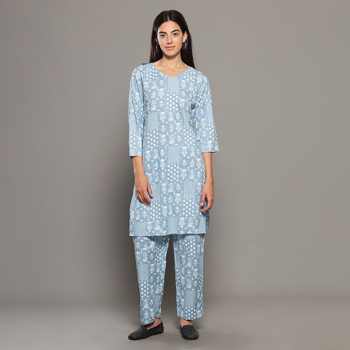 Blue Cotton Printed Kurta & Pant Co - Ord Set – Loungewear | Verified Sustainable by Brown Living™