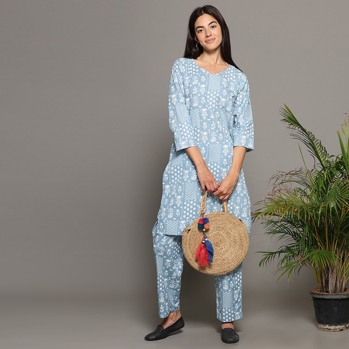 Blue Cotton Printed Kurta & Pant Co - Ord Set – Loungewear | Verified Sustainable by Brown Living™