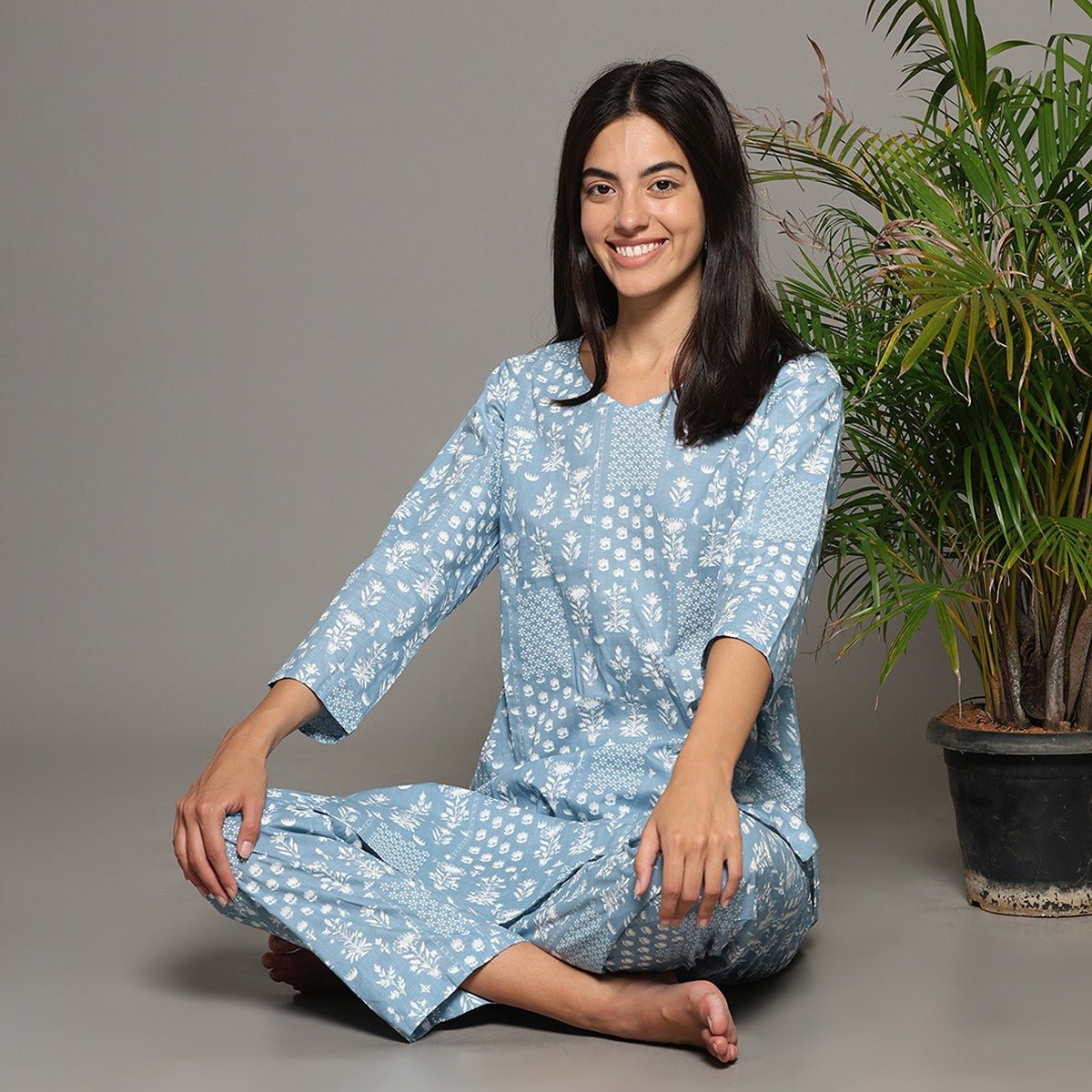 Blue Cotton Printed Kurta & Pant Co - Ord Set – Loungewear | Verified Sustainable by Brown Living™