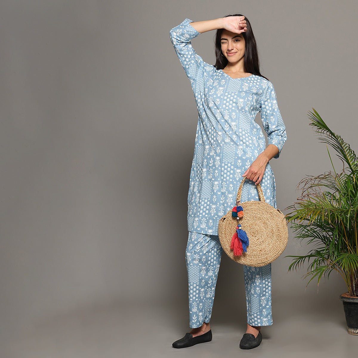 Blue Cotton Printed Kurta & Pant Co - Ord Set – Loungewear | Verified Sustainable by Brown Living™