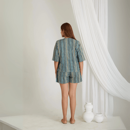 Blue Cotton Stripes Print Co - Ord Shorts Set – Loungewear | Verified Sustainable by Brown Living™