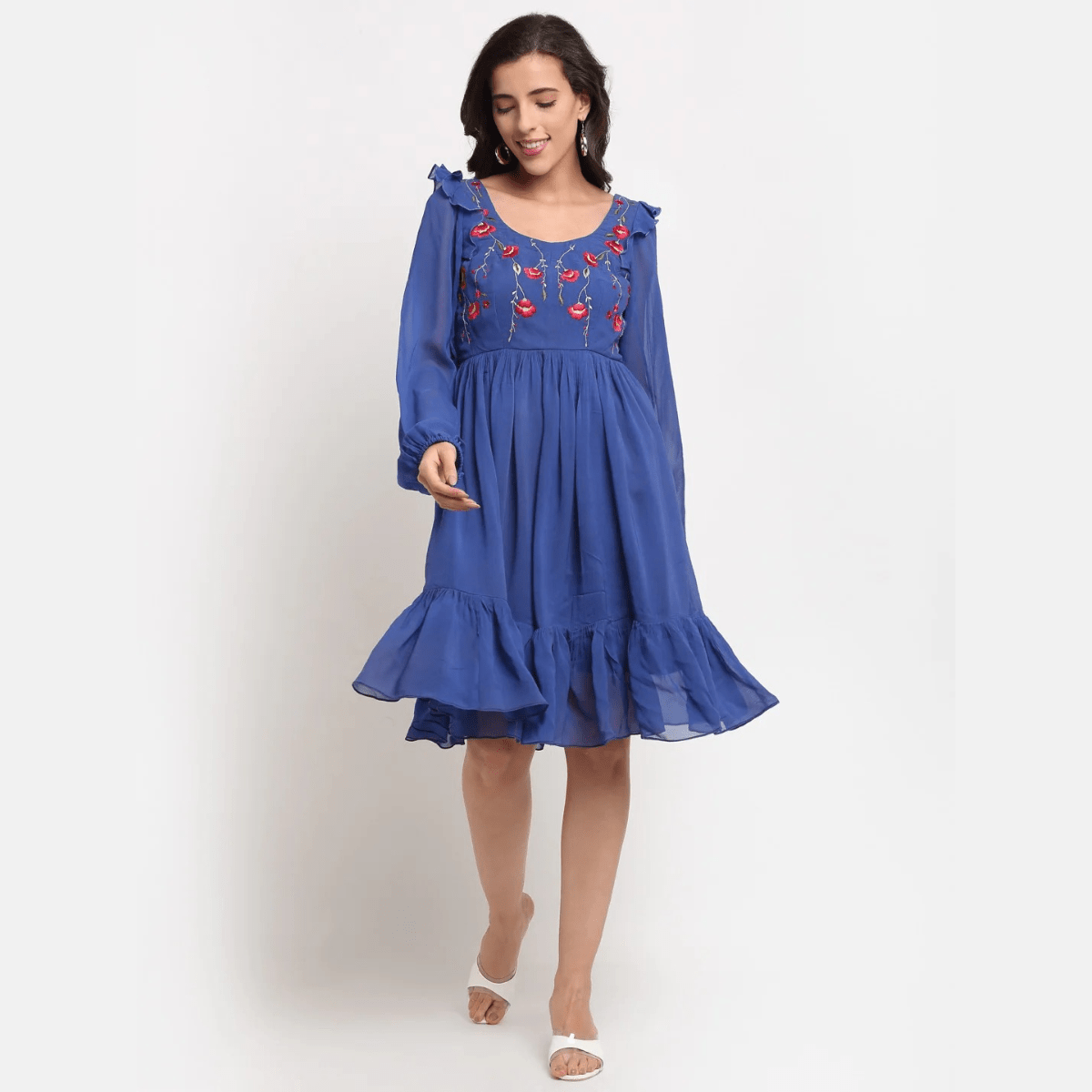 Blue Embroidered Tier Dress – Boho & Elegant Layered Dress | Verified Sustainable by Brown Living™