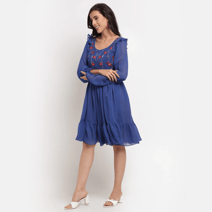 Blue Embroidered Tier Dress – Boho & Elegant Layered Dress | Verified Sustainable by Brown Living™