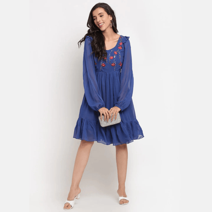 Blue Embroidered Tier Dress – Boho & Elegant Layered Dress | Verified Sustainable by Brown Living™