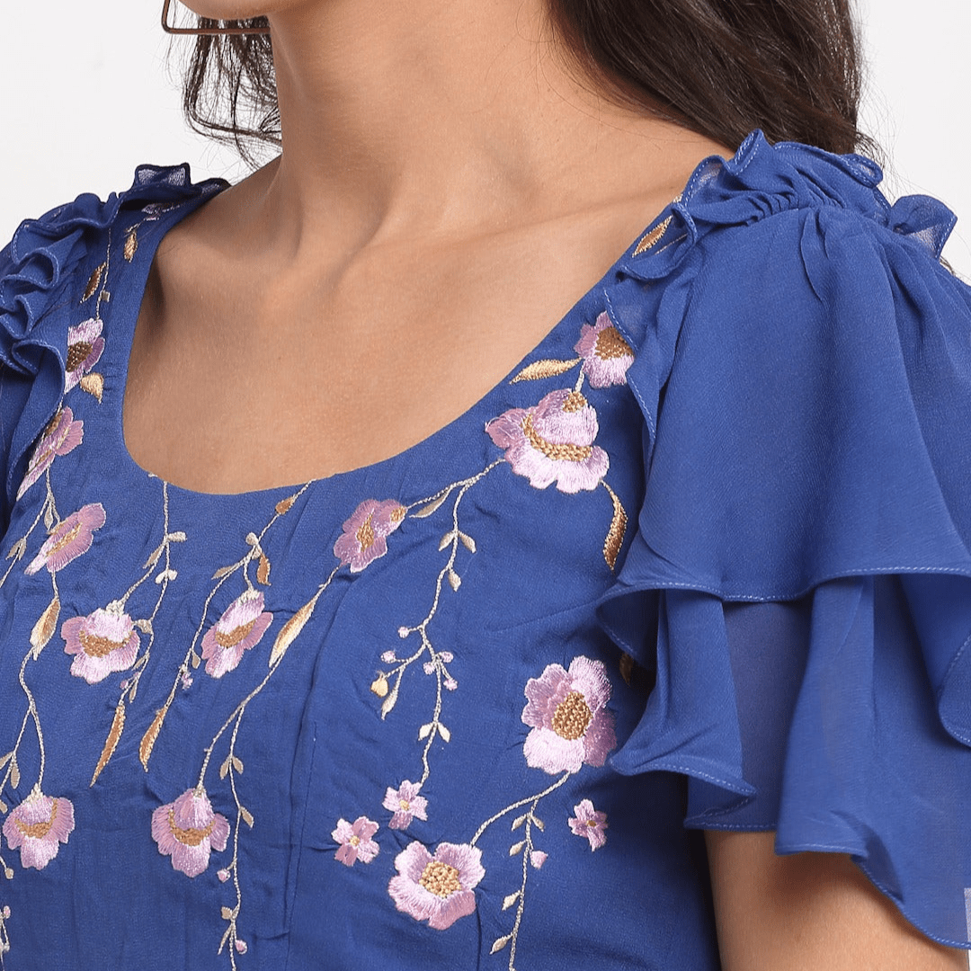 Blue Floral Embroidered Top – Feminine Floral Blouse for Women | Verified Sustainable by Brown Living™