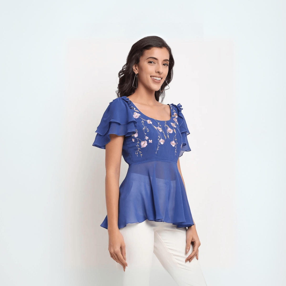 Blue Floral Embroidered Top – Feminine Floral Blouse for Women | Verified Sustainable by Brown Living™