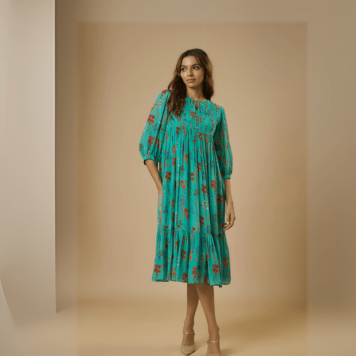 Blue Floral Midi Dress – Soft & Romantic Floral Printed Dress | Verified Sustainable by Brown Living™