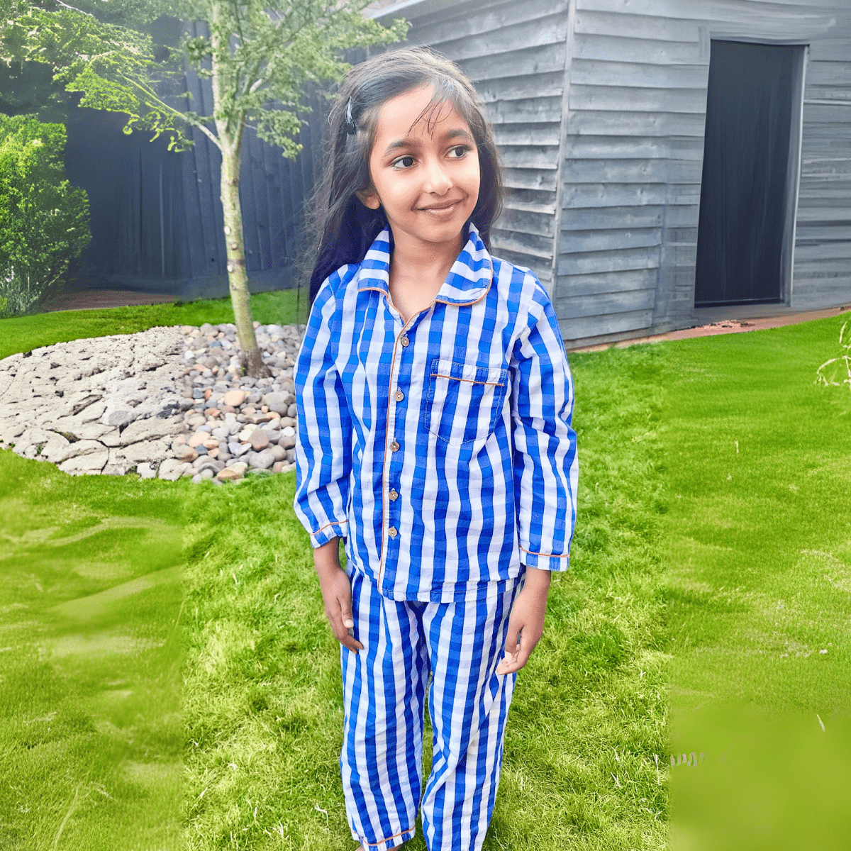 Blue Gingham Unisex Kids Cotton Pajama Set, Kurta & Pajama Set | Verified Sustainable by Brown Living™