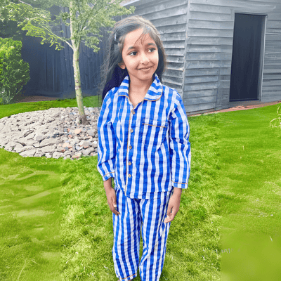 100% Cotton Blue Gingham Kids Kurta & Pants Set – Kids Nightwear on Brown Living™. SKU: CGM23H1. Img 1.