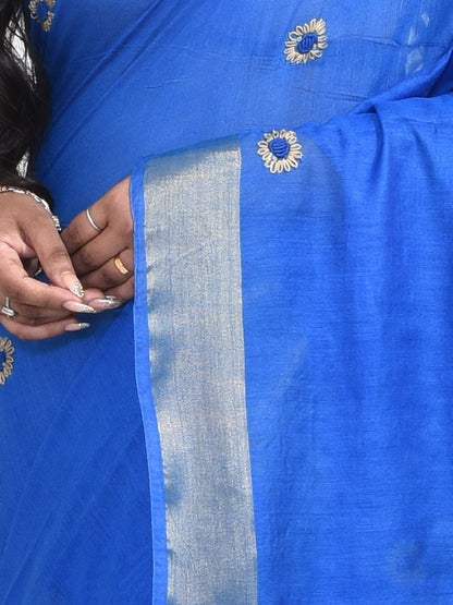 Blue Linen Saree with Sunflower Design Hand Embroidery and Golden Zari Border | Verified Sustainable by Brown Living™