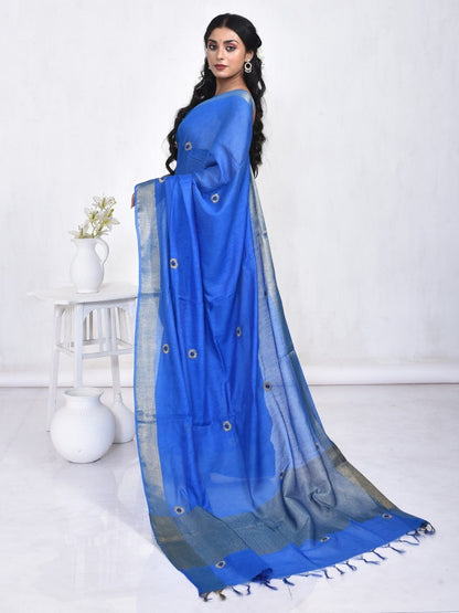 Blue Linen Saree with Sunflower Design Hand Embroidery and Golden Zari Border | Verified Sustainable by Brown Living™