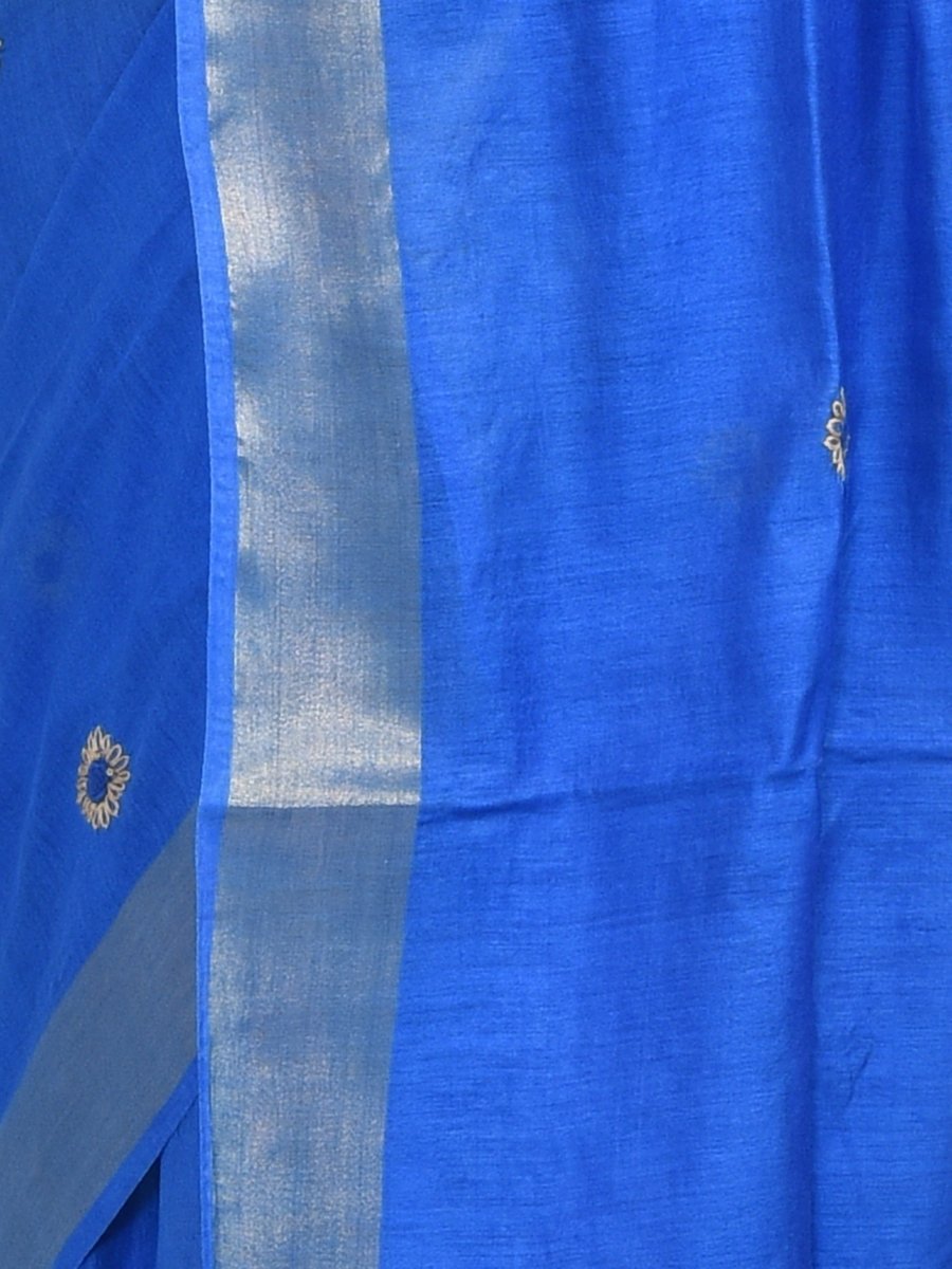 Blue Linen Saree with Sunflower Design Hand Embroidery and Golden Zari Border | Verified Sustainable by Brown Living™