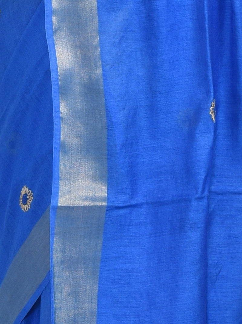 Blue Linen Saree with Sunflower Design Hand Embroidery and Golden Zari Border | Verified Sustainable by Brown Living™