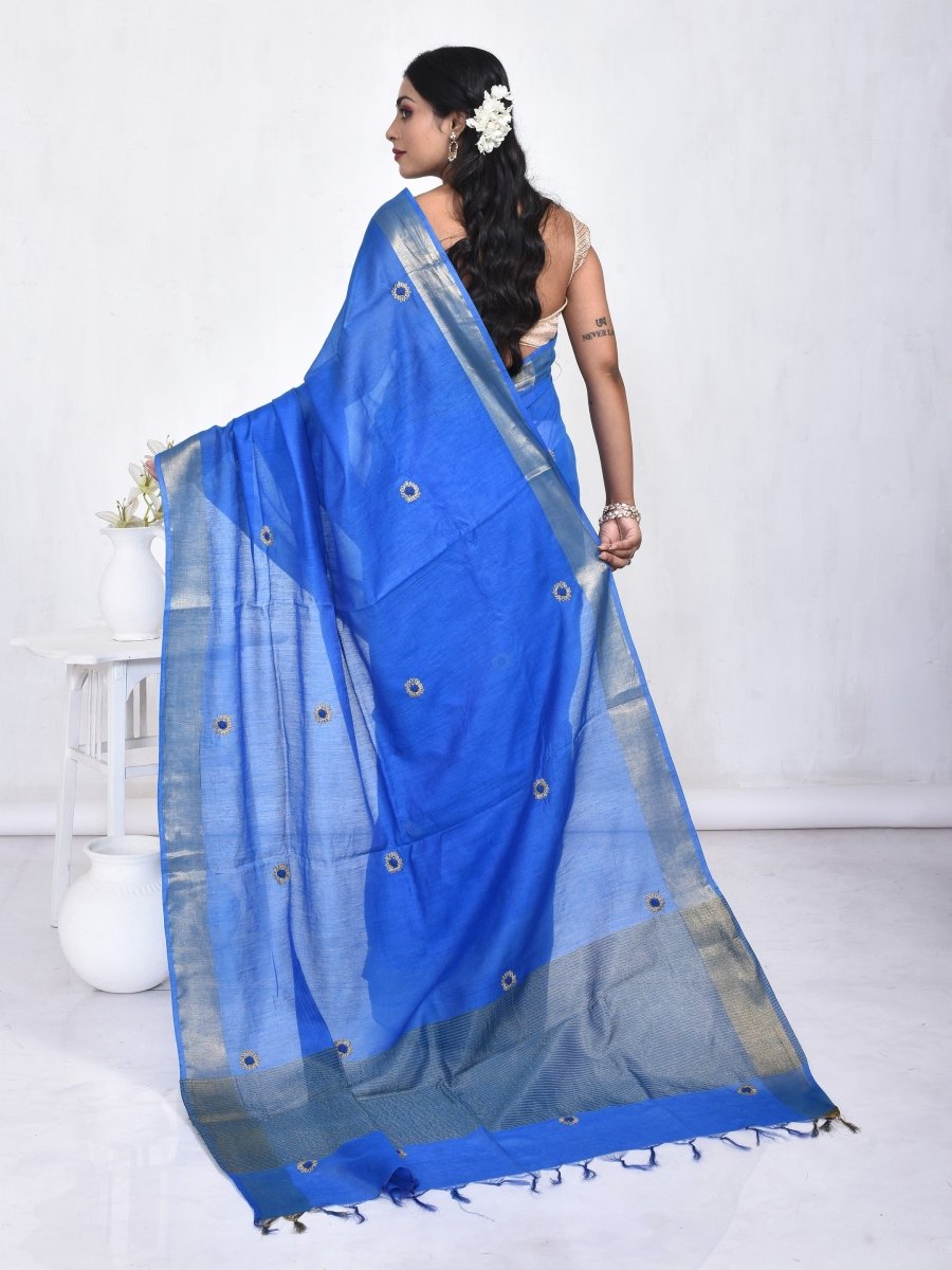 Blue Linen Saree with Sunflower Design Hand Embroidery and Golden Zari Border | Verified Sustainable by Brown Living™