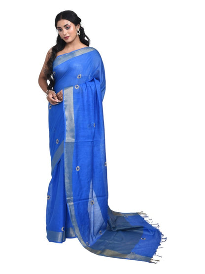 Blue Linen Saree with Sunflower Design Hand Embroidery and Golden Zari Border | Verified Sustainable by Brown Living™