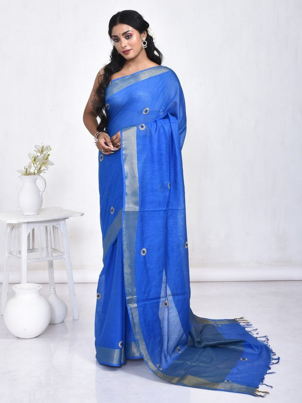 Blue Linen Saree with Sunflower Design Hand Embroidery and Golden Zari Border | Verified Sustainable by Brown Living™