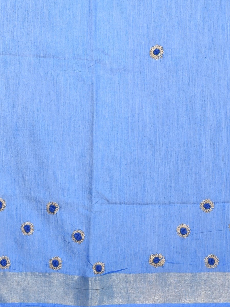 Blue Linen Saree with Sunflower Design Hand Embroidery and Golden Zari Border | Verified Sustainable by Brown Living™