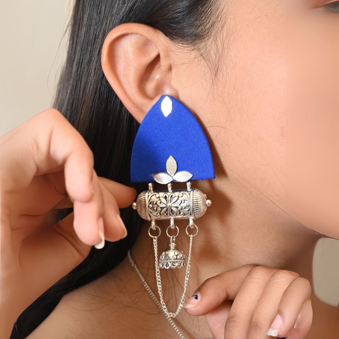 Blue Mirror Kundan Oxidized Jhumka with Chain | Verified Sustainable by Brown Living™