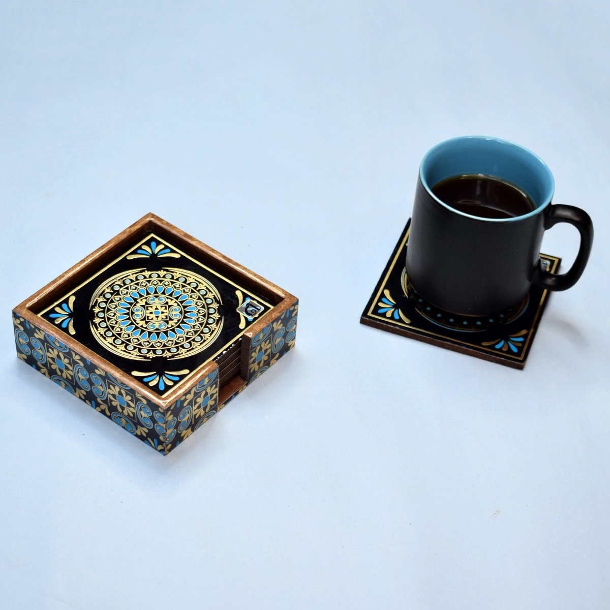 Blue Pattern Classic Theme Coasters | Set of 6 with Holder | Verified Sustainable by Brown Living™