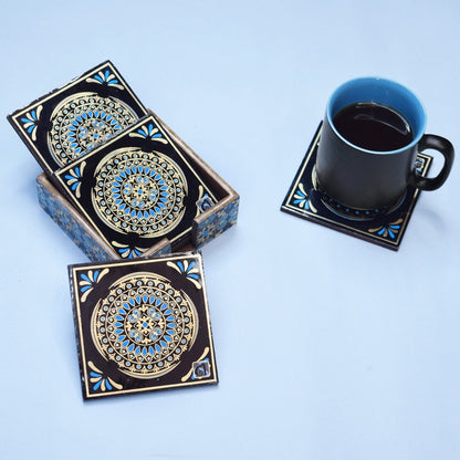 Blue Pattern Classic Theme Coasters | Set of 6 with Holder | Verified Sustainable by Brown Living™