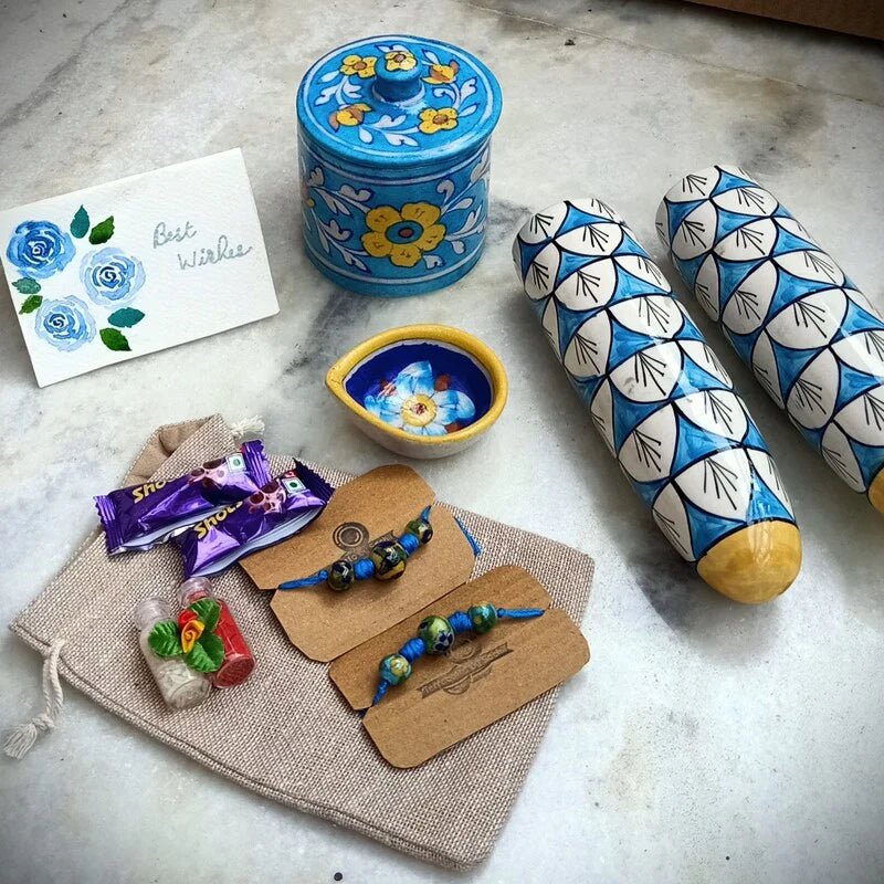 Sustainable Blue Pottery Luxury Rakhi Gift Hamper – Rakhi by Terracotta by Sachii available on Brown Living™. . SKU: SACHIIRLH003. Img 3.