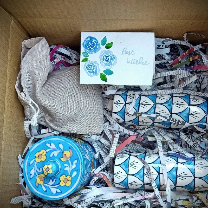 Sustainable Blue Pottery Luxury Rakhi Gift Hamper – Rakhi by Terracotta by Sachii available on Brown Living™. . SKU: SACHIIRLH003. Img 2.