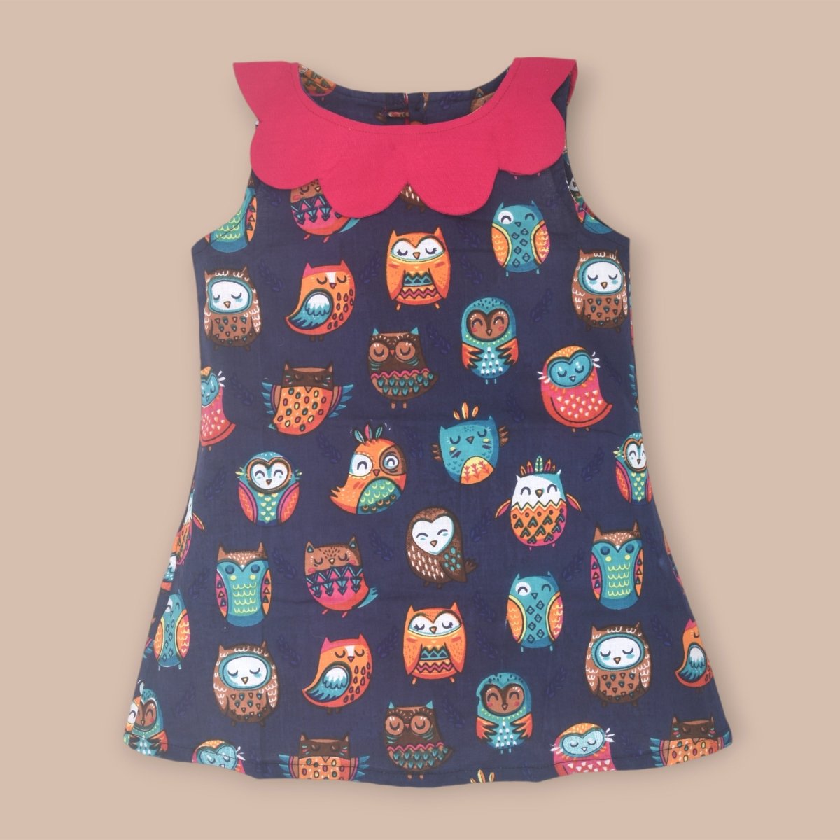 Blue Printed Cotton Baby Dress with Owl Design | Verified Sustainable by Brown Living™