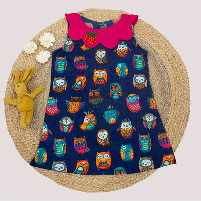 Pure Cotton Baby Dress with Printed Design – Kids Frocks & Dresses on Brown Living™. SKU: ST - FRO - BLU - OWL - XL. Img 1.