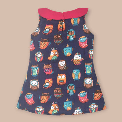 Blue Printed Cotton Baby Dress with Owl Design | Verified Sustainable by Brown Living™