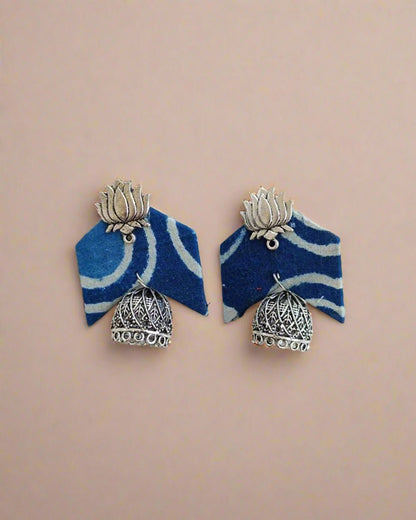 Blue printed fabric lotus charm jhumka earrings – Womens earrings by The serene by Rainvas available on Brown Living™. . SKU: RVS - SER - EAR - 04. Img 3.