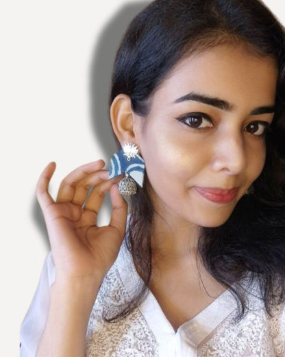 Blue printed fabric lotus charm jhumka earrings – Womens earrings by The serene by Rainvas available on Brown Living™. . SKU: RVS - SER - EAR - 04. Img 4.