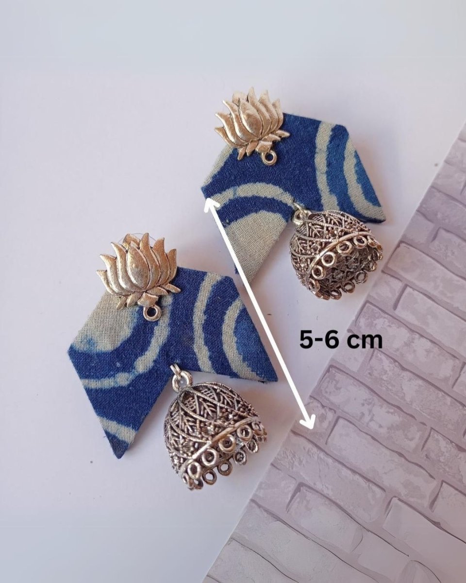 Blue printed fabric lotus charm jhumka earrings – Womens earrings by The serene by Rainvas available on Brown Living™. . SKU: RVS - SER - EAR - 04. Img 6.