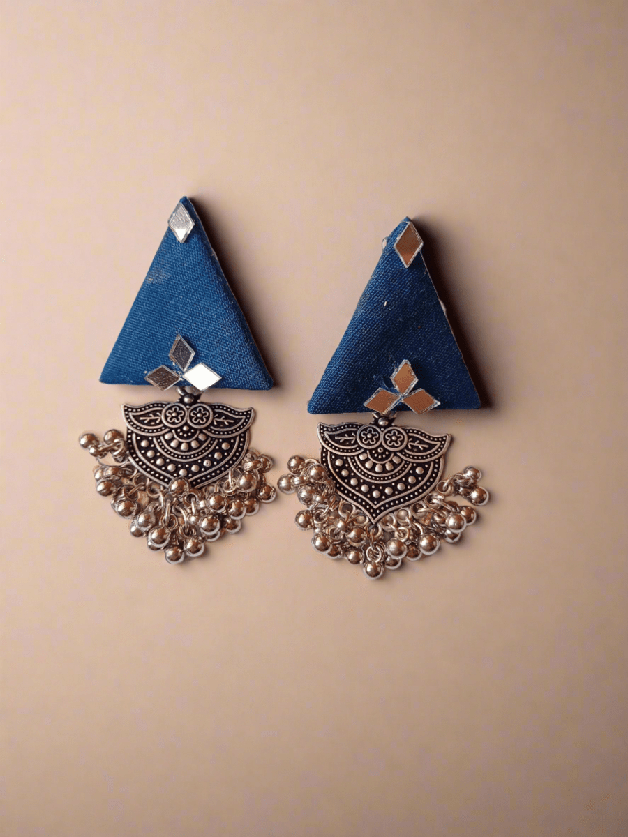 Blue Triangular Jhumka Earrings with Silver Charm | Verified Sustainable by Brown Living™