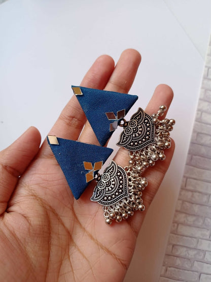 Blue Triangular Jhumka Earrings with Silver Charm | Verified Sustainable by Brown Living™