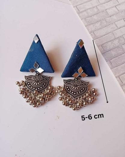 Blue Triangular Jhumka Earrings with Silver Charm | Verified Sustainable by Brown Living™