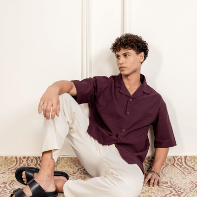 Box Fit Cuban Collar Shirt For Men | Maroon – Men Shirt on Brown Living™. SKU: 1014_38. Img 4.